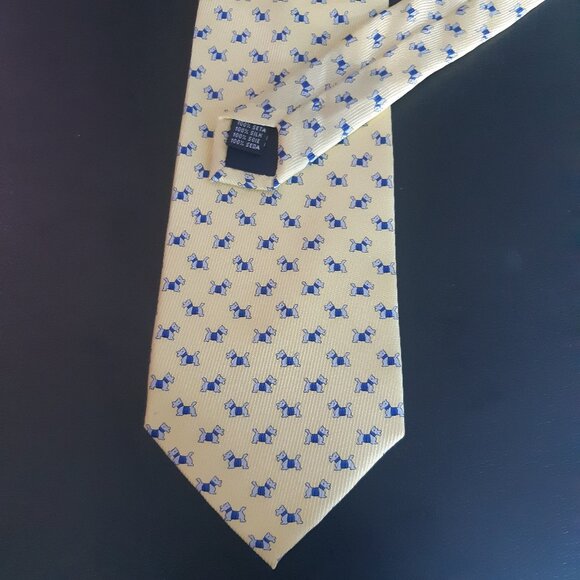 Scottie Dog Repeating Pattern Soft Yellow with Blue & White- Men's Tie 100% Silk - Picture 6 of 9